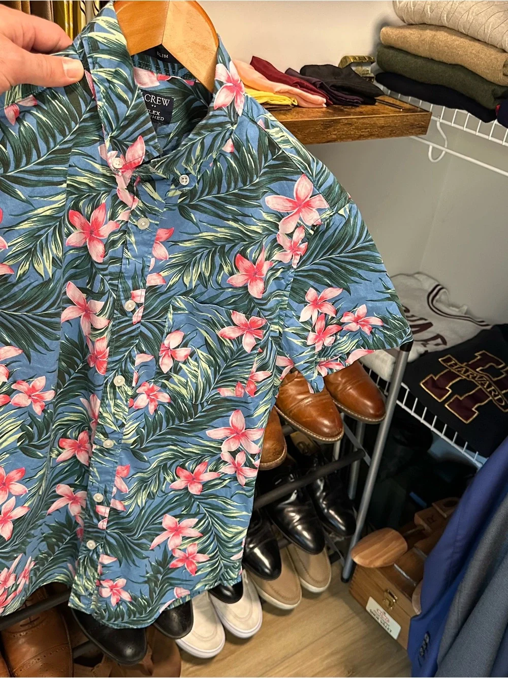 J. Crew Teal Blue Tropical Floral Short-Sleeve Button-Down Shirt